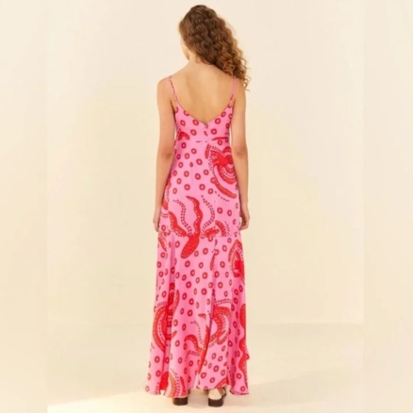 Farm Rio Octocool Wrap Dress Pink Red Octopus Beaded Maxi Dress - Size Small - Picture 3 of 16